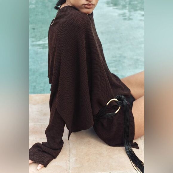 Zara Fine Knit Shawl Scarf sweater Brown M NWOT - Picture 10 of 13